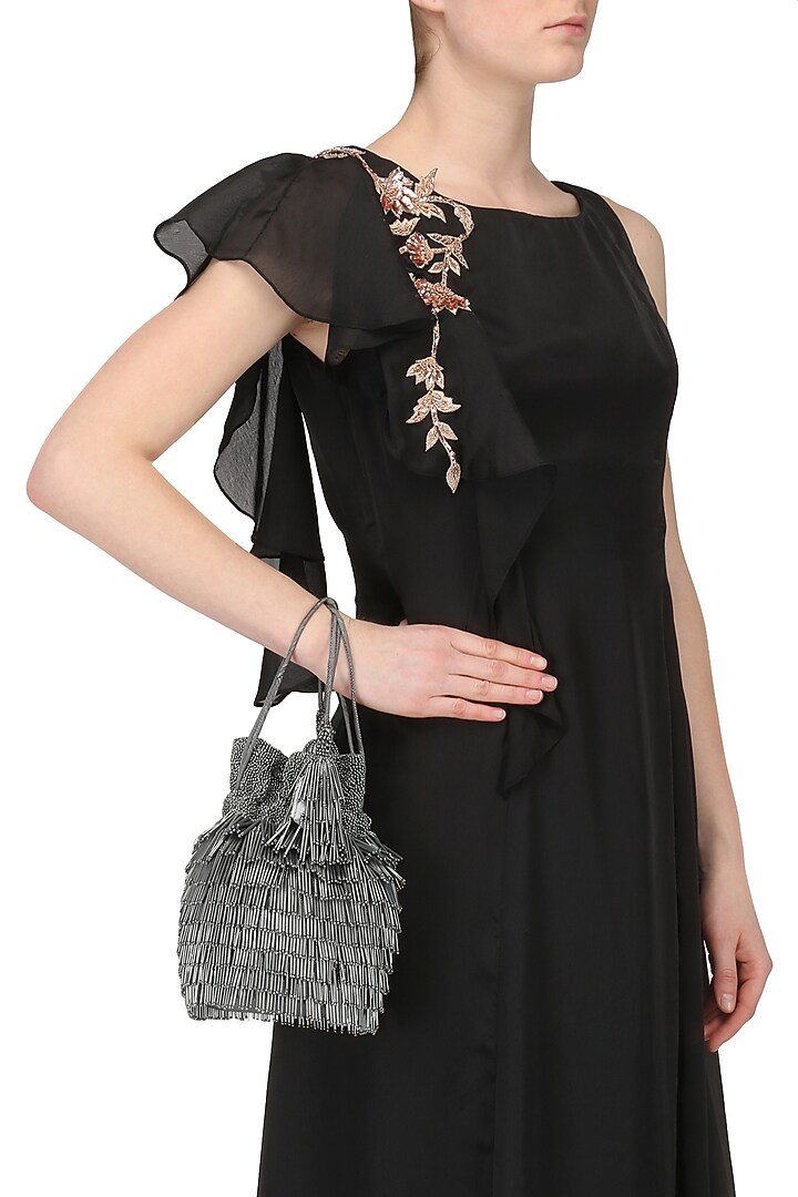 Charcoal Grey Beads Tasseled Bucket Potli Bag available only at Pernia's Pop Up Shop.