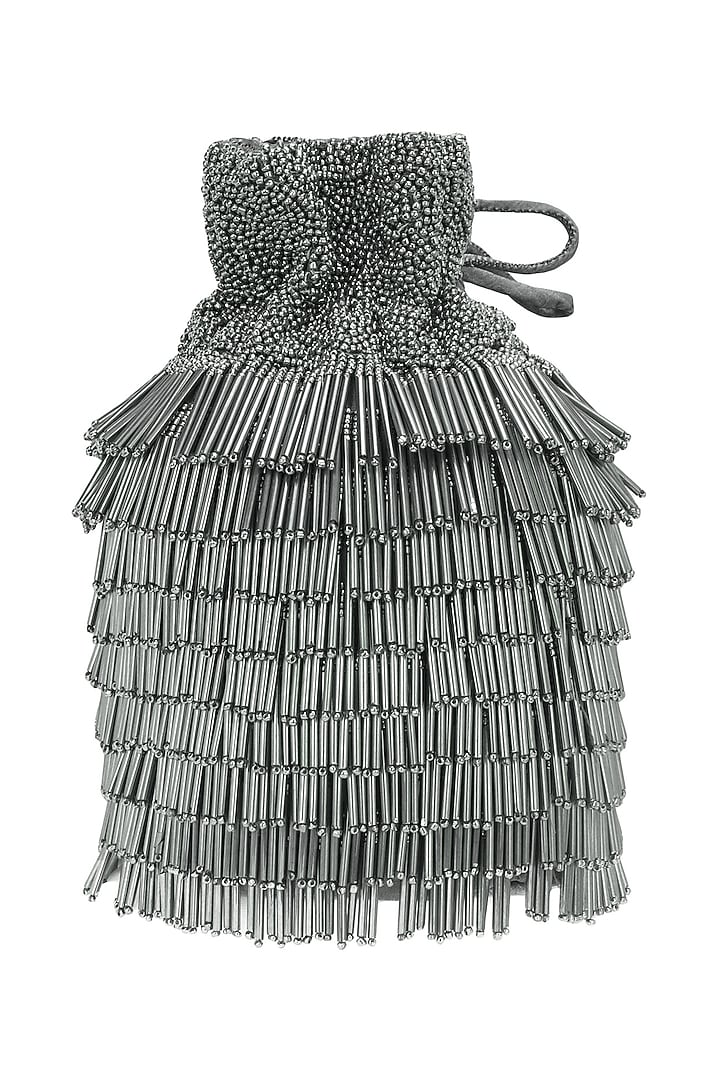 Charcoal Grey Beads Tasseled Bucket Potli Bag available only at Pernia's Pop Up Shop.