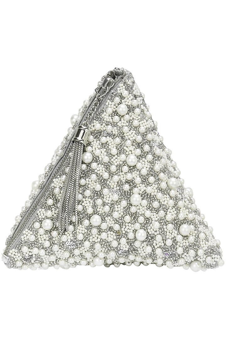 Silver Beads and Pearl Embellished Triangle Pouch/Bag by Adora by Ankita