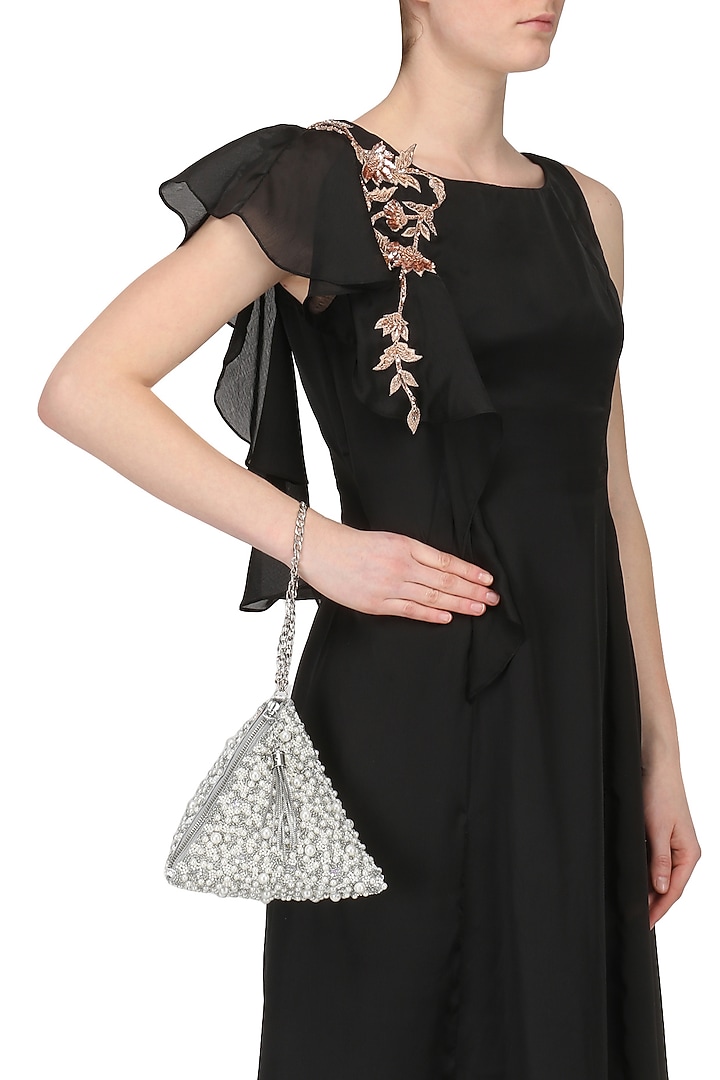 Silver Beads and Pearl Embellished Triangle Pouch/Bag available only at Pernia's Pop Up Shop.