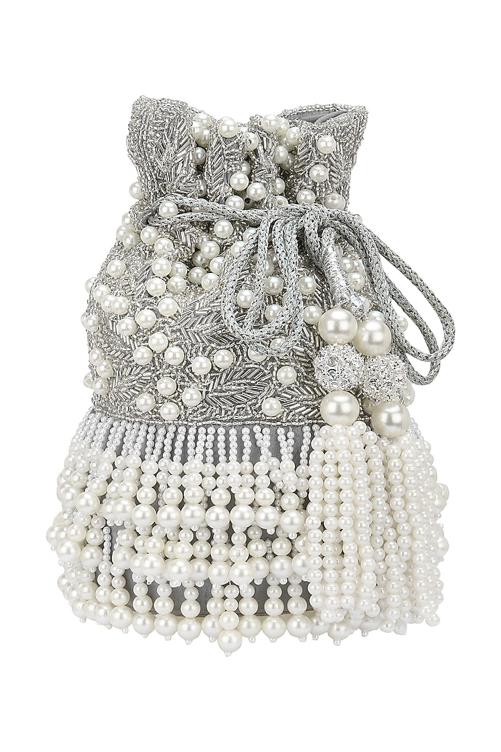 Silver Beads and Cutdana Flapper Potli Bag by Adora by Ankita