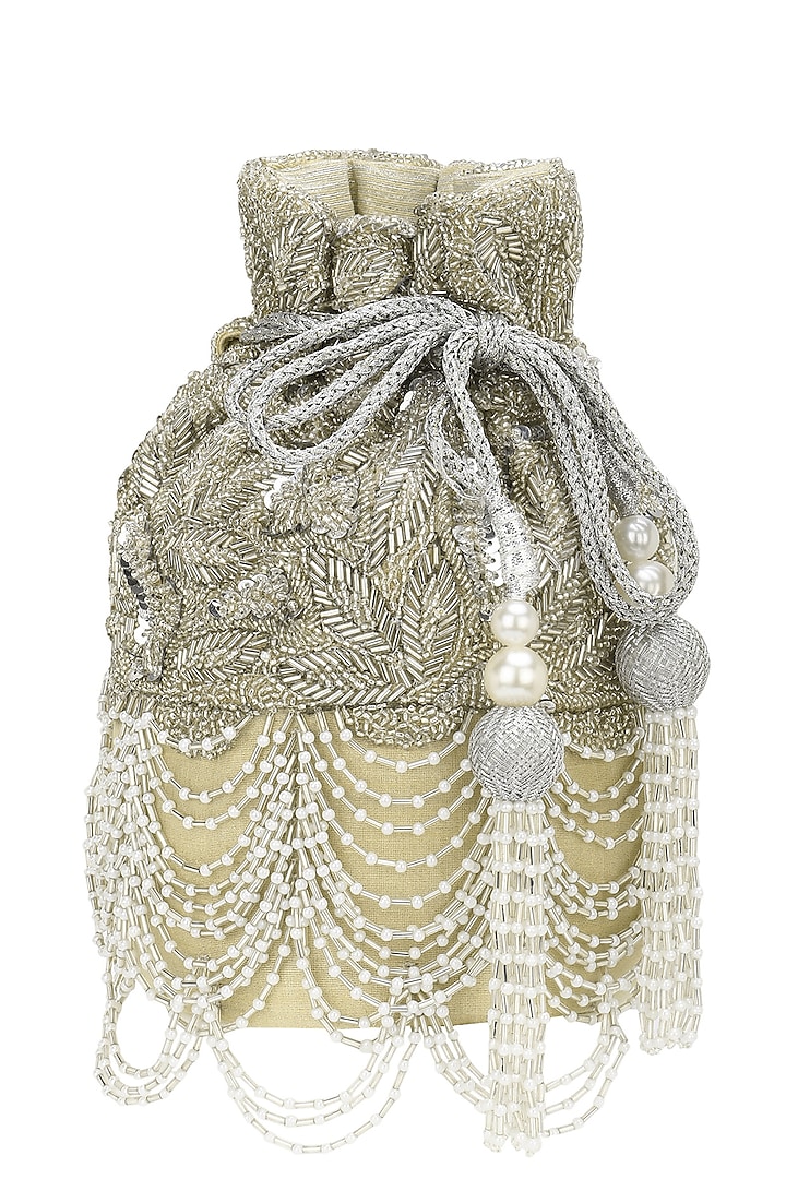 Silver Beads and Sequins Scallop Bucket Potli Bag by Adora by Ankita