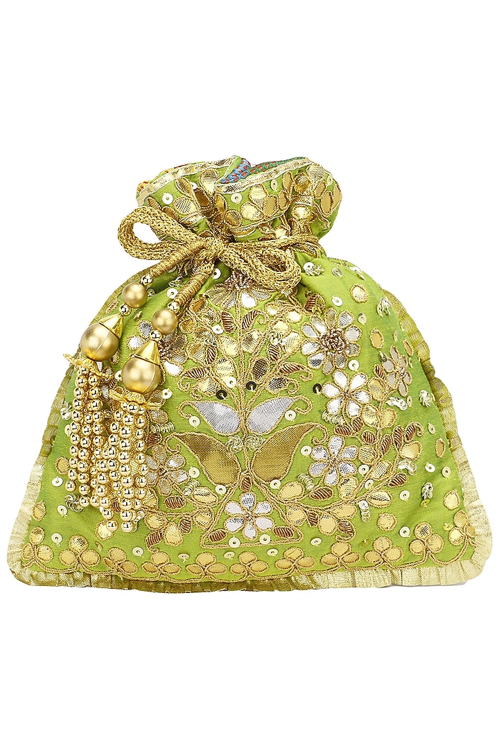 Green and Gold Gota Patti Embroidered Potli Bag by Adora by Ankita