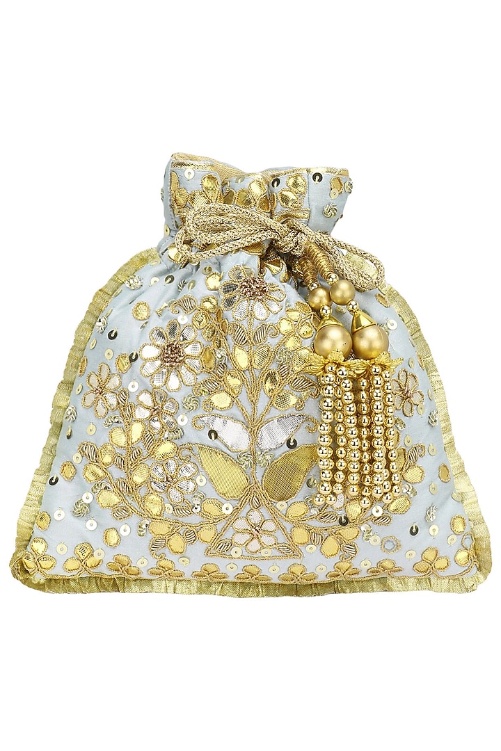 Powder Blue and Gold Gota Patti Embroidered Potli Bag by Adora by Ankita