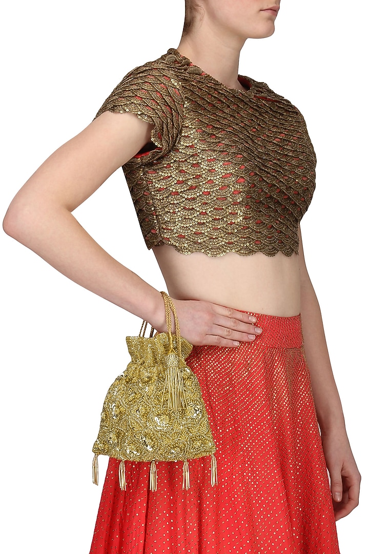 Gold floral sequined potli bag available only at Pernia's Pop Up Shop.