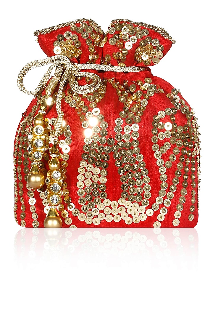 Red Sequins Embroidered Disco Potli Bag by Adora by Ankita