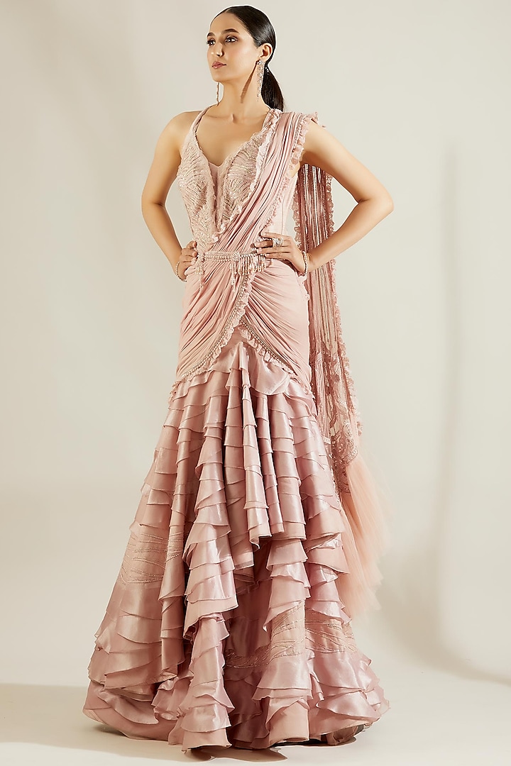 Light Pink Hand Embroidered Ruffled Pre-Draped Saree by Adaara Couture