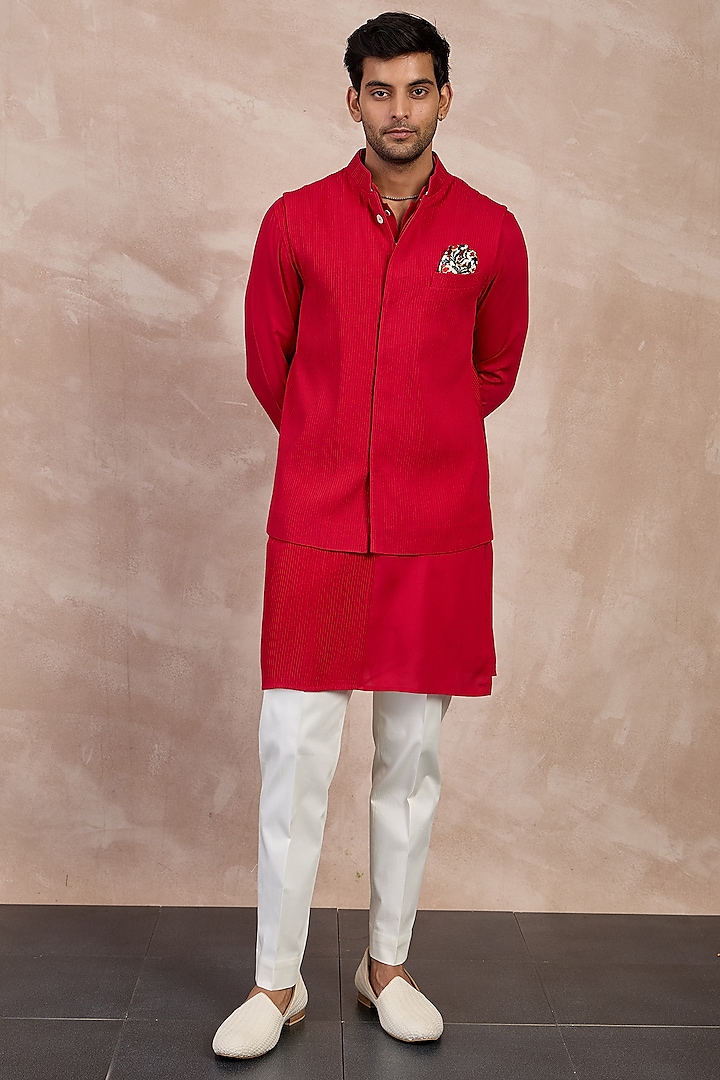 Red Viscose Pintucks Nehru Set by ARJAN DUGAL