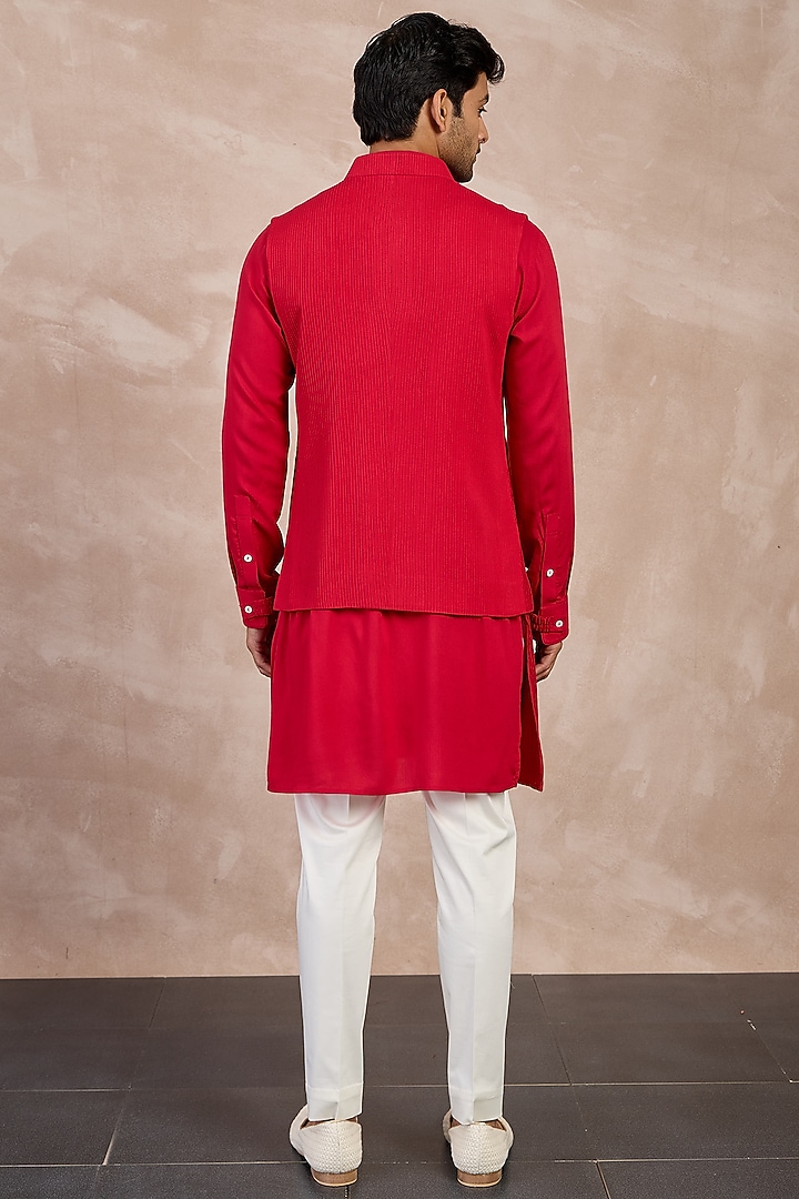Red Viscose Pintucks Nehru Set by ARJAN DUGAL at Pernia's Pop Up Shop