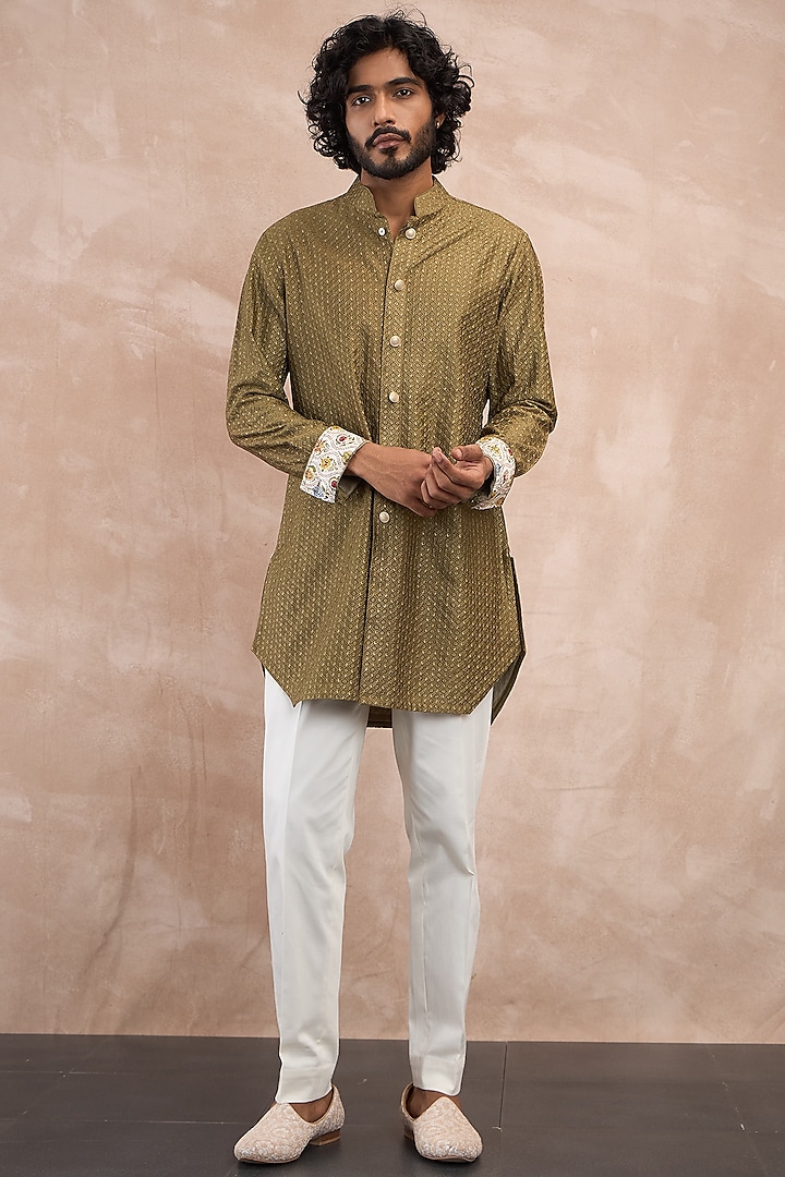 Olive Green Chanderi Silk Motif Pattern Kurta Set by ARJAN DUGAL at Pernia's Pop Up Shop