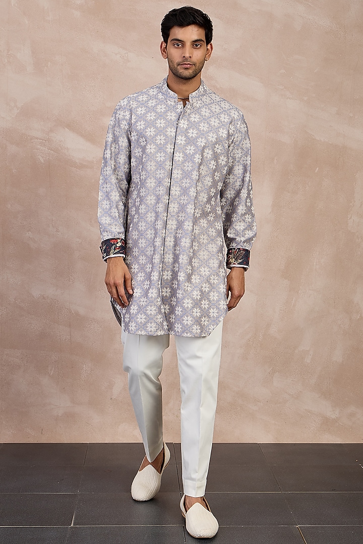 Storm Grey Chanderi Silk & Cotton Satin Lycra Machine Embroidered Kurta Set by ARJAN DUGAL