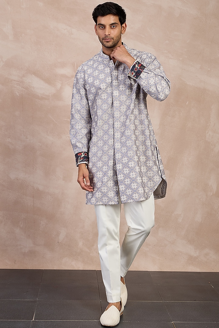 Storm Grey Chanderi Silk & Cotton Satin Lycra Machine Embroidered Kurta Set by ARJAN DUGAL at Pernia's Pop Up Shop