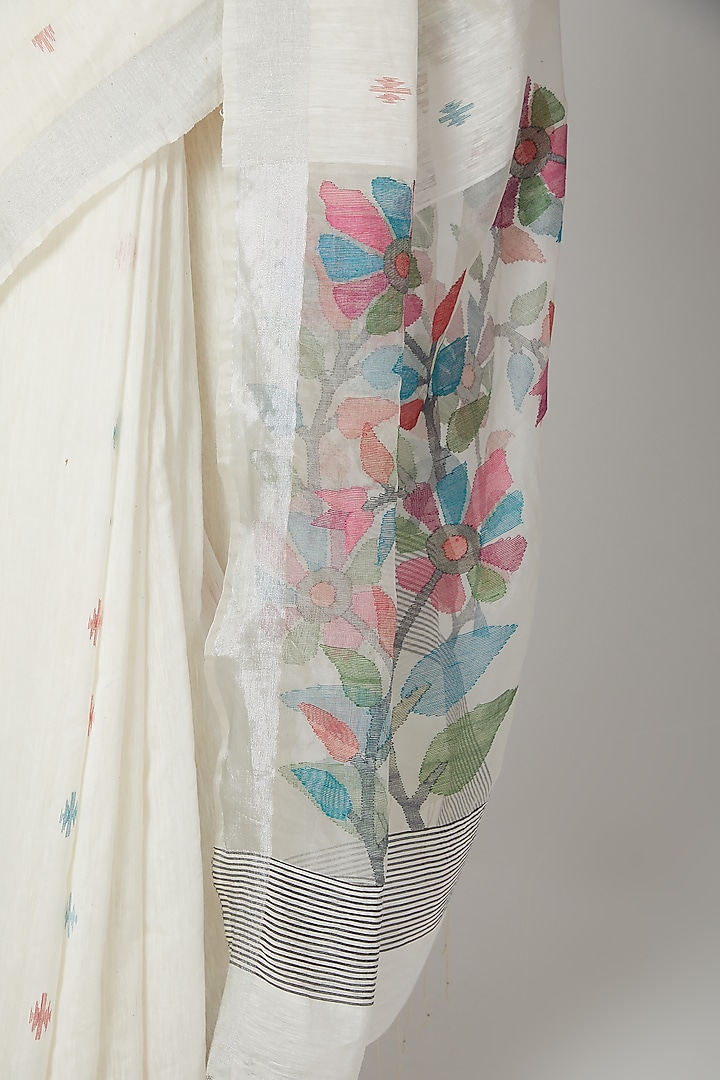 White Pure Resham Silk Jamdani Floral Motifs Party Wear Saree Set by Aditri at Pernia's Pop Up Shop