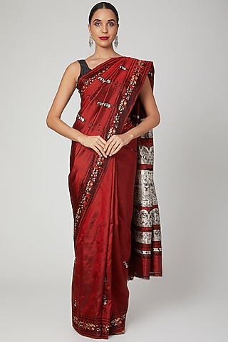 Maroon Bishnupur Silk Zari Work & Baluchari Meenakari Saree Set by Aditri