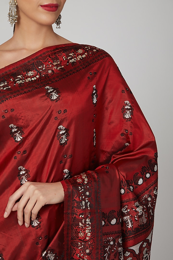 Maroon Bishnupur Silk Zari Work & Baluchari Meenakari Party Wear Saree Set by Aditri at Pernia's Pop Up Shop