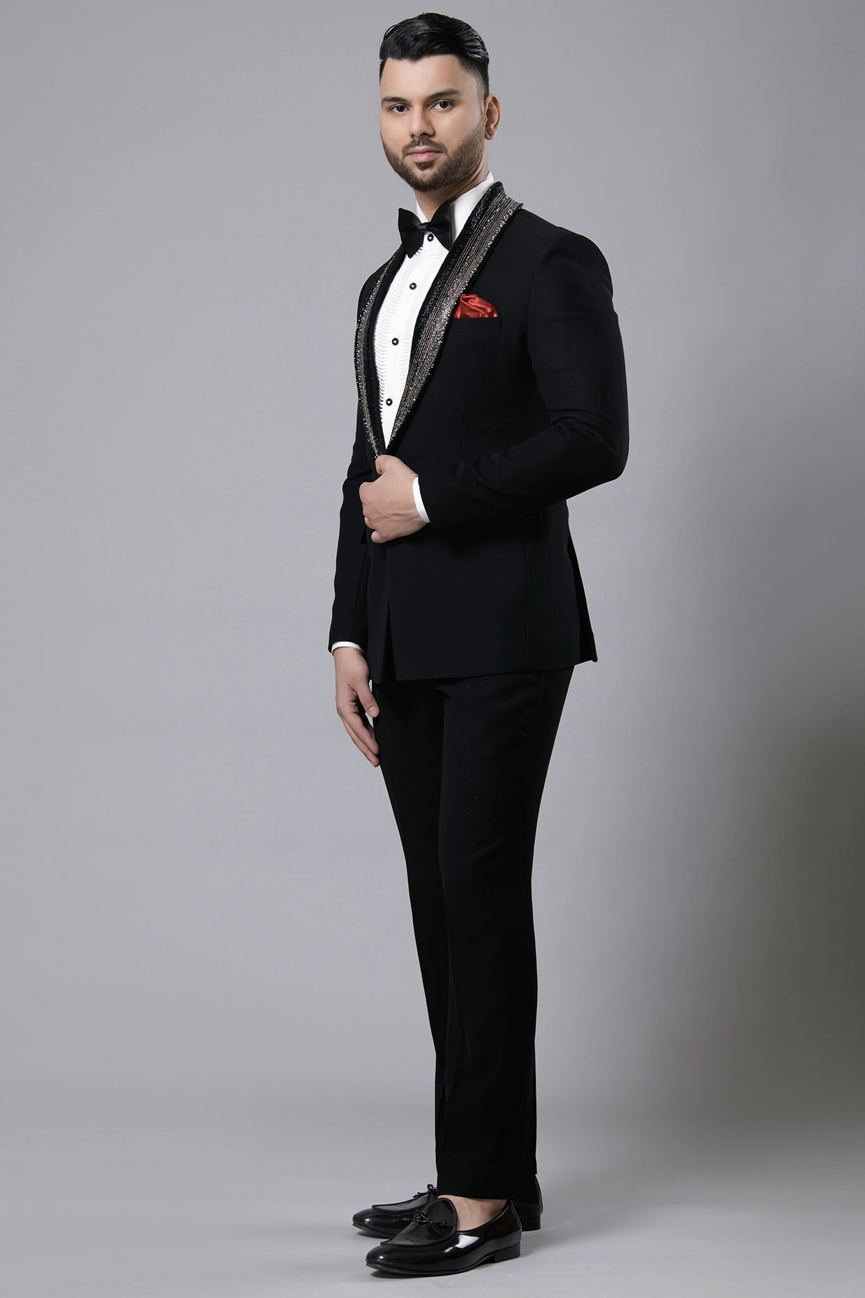 Black Italian Crepe Hand Embroidered Tuxedo Set by Aditya Sachdeva Men at Pernia's Pop Up Shop