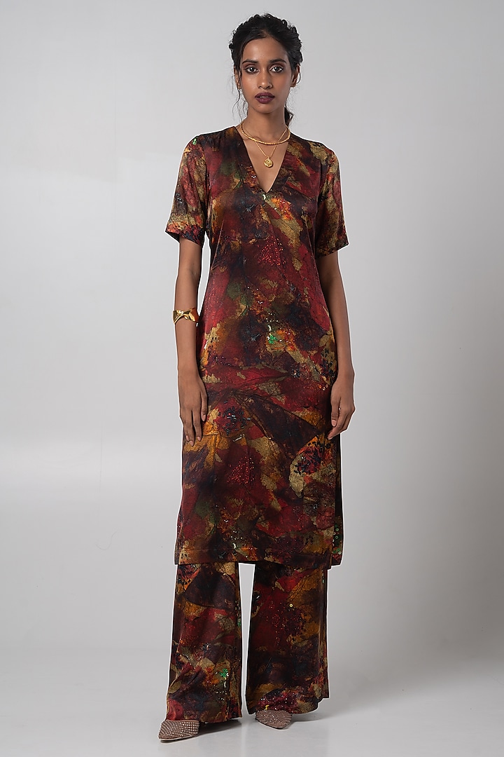 Multi-Colored Linen Satin Printed Kurta Set  by Advait at Pernia's Pop Up Shop