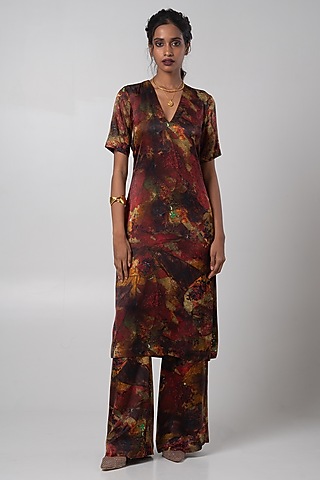 Multi-Colored Linen Satin Printed Kurta Set  by Advait