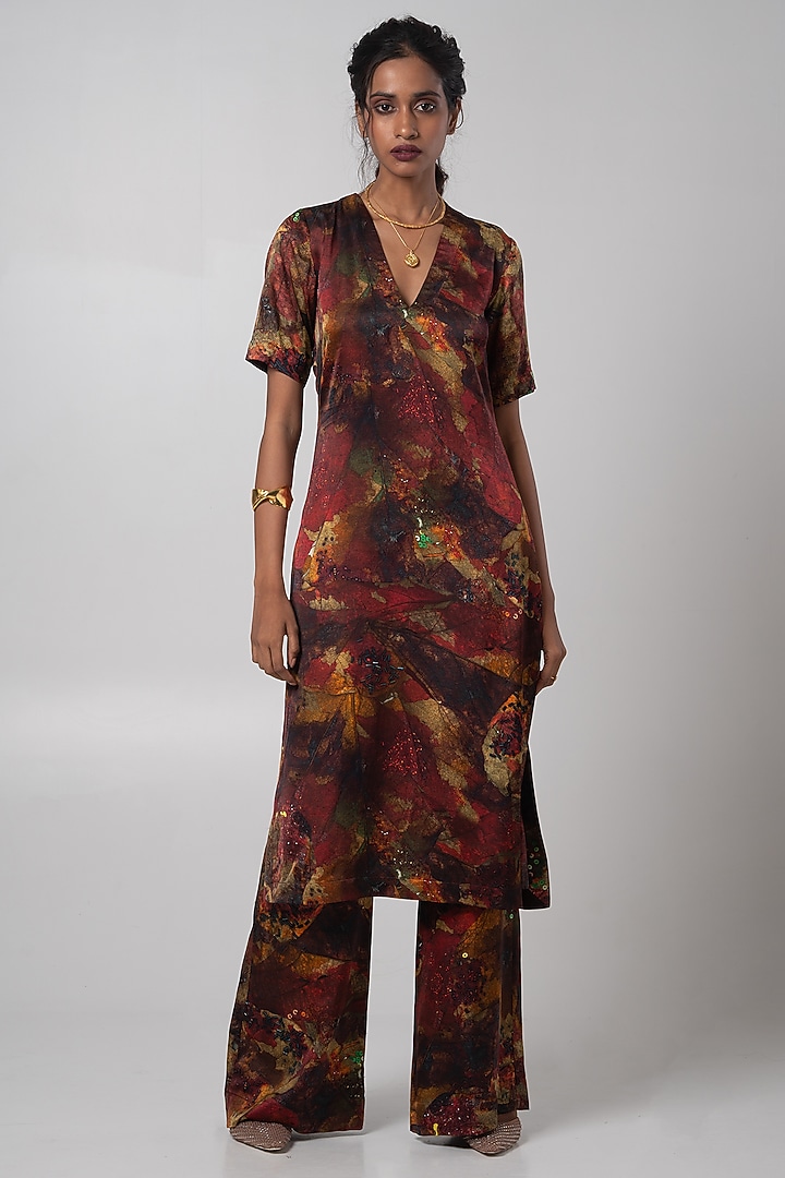 Multi-Colored Linen Satin Printed Kurta Set  by Advait at Pernia's Pop Up Shop