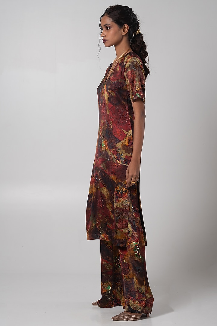 Multi-Colored Linen Satin Printed Kurta Set  by Advait at Pernia's Pop Up Shop