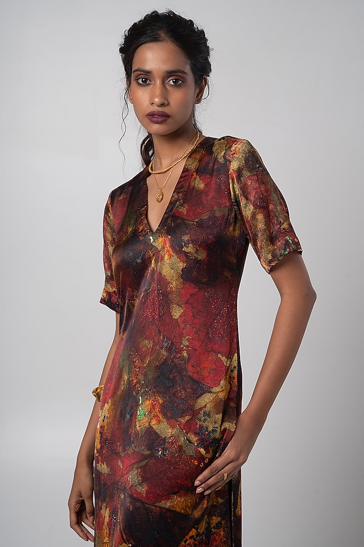 Multi-Colored Linen Satin Printed Kurta Set  by Advait at Pernia's Pop Up Shop