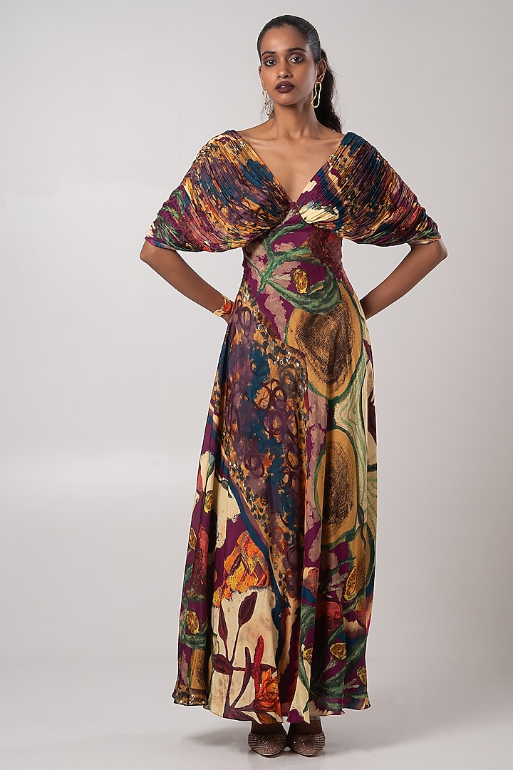 Multi-Colored Habutai Hand-Pleated Maxi Dress by Advait at Pernia's Pop Up Shop