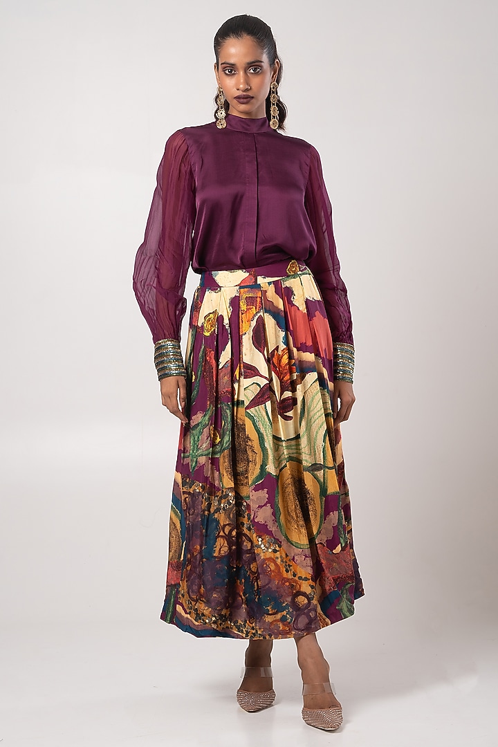 Multi-Colored Habutai Linen Satin Box Pleated Skirt Set by Advait at Pernia's Pop Up Shop