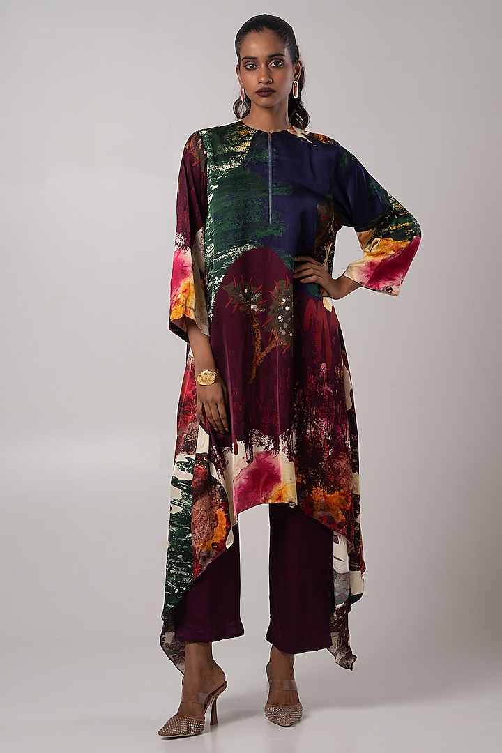 Multi-Colored Linen Satin Asymmetric Kurta Set by Advait at Pernia's Pop Up Shop