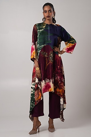 Multi-Colored Linen Satin Asymmetric Kurta Set by Advait