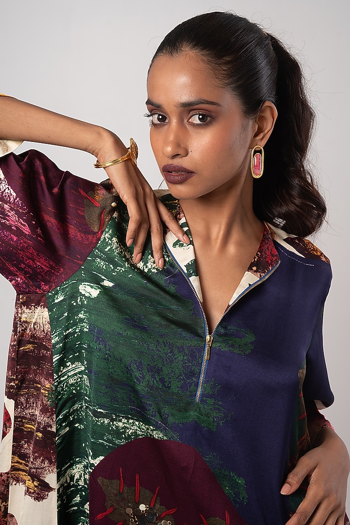 Multi-Colored Linen Satin Asymmetric Kurta Set by Advait at Pernia's Pop Up Shop