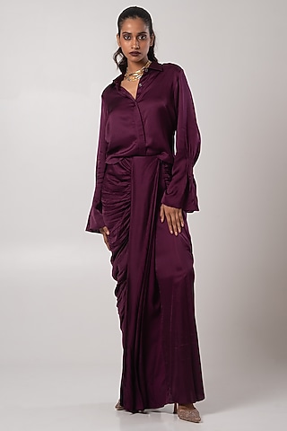 Purple Linen Satin Draped Skirt Set by Advait