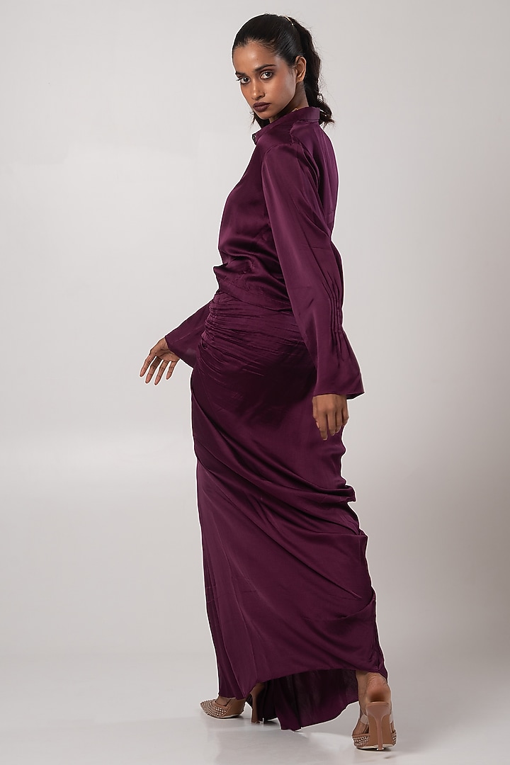 Purple Linen Satin Draped Skirt Set by Advait at Pernia's Pop Up Shop