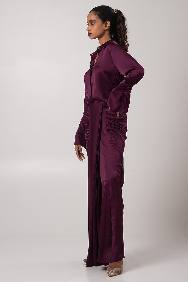 Purple Linen Satin Draped Skirt Set by Advait at Pernia's Pop Up Shop