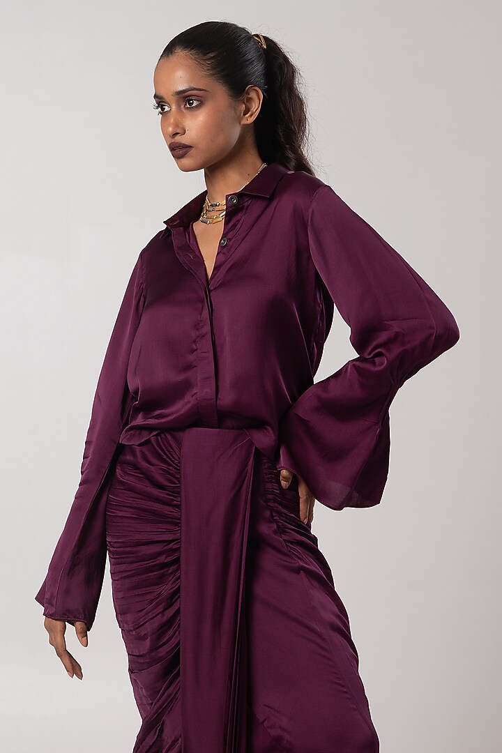 Purple Linen Satin Draped Skirt Set by Advait at Pernia's Pop Up Shop