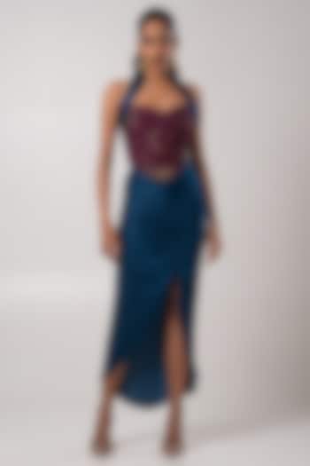 Peacock Blue Linen Satin & Habutai Ruched Skirt Set by Advait at Pernia's Pop Up Shop