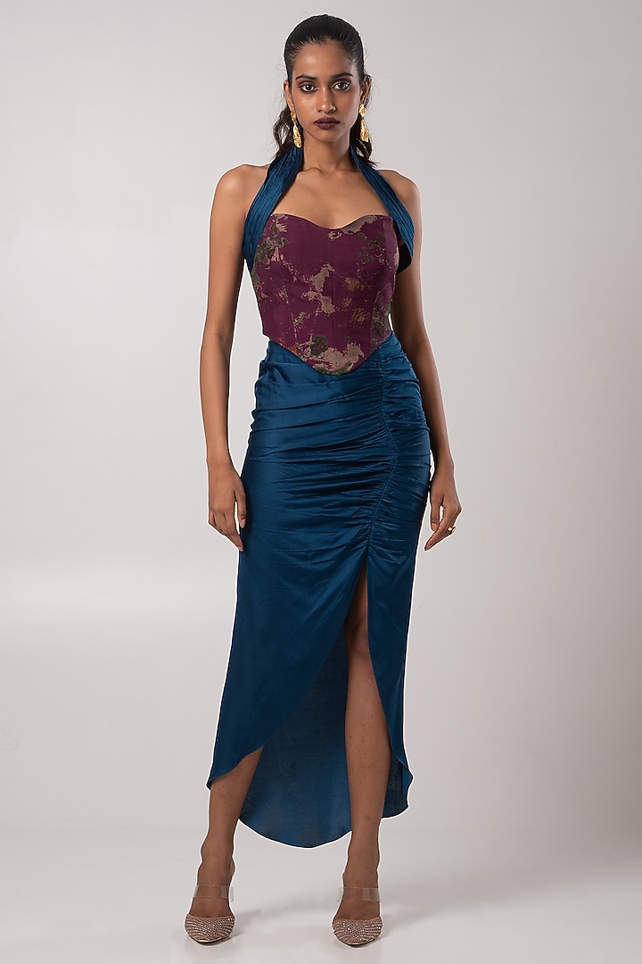 Peacock Blue Linen Satin & Habutai Ruched Skirt Set by Advait at Pernia's Pop Up Shop