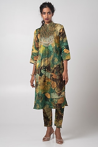 Multi-Colored Linen Satin Printed & Hand Embroidered Kurta Set by Advait