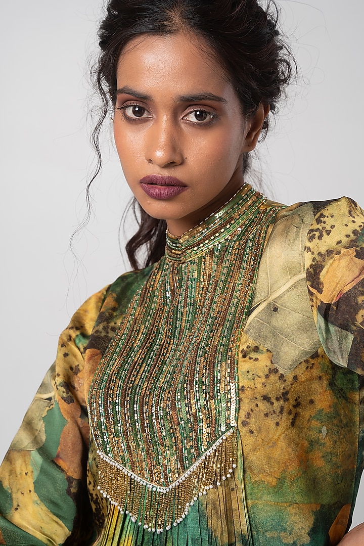 Multi-Colored Linen Satin Printed & Hand Embroidered Kurta Set by Advait at Pernia's Pop Up Shop