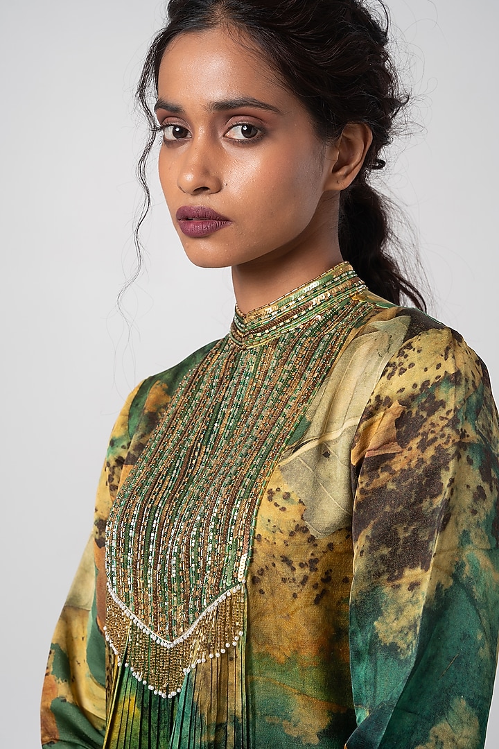 Multi-Colored Linen Satin Printed & Hand Embroidered Kurta Set by Advait at Pernia's Pop Up Shop