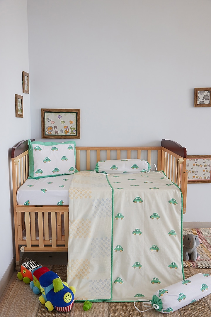 White Muslin Cotton Holiday Green Car Hand Block Printed Baby Dohar by Adya Kids at Pernia's Pop Up Shop