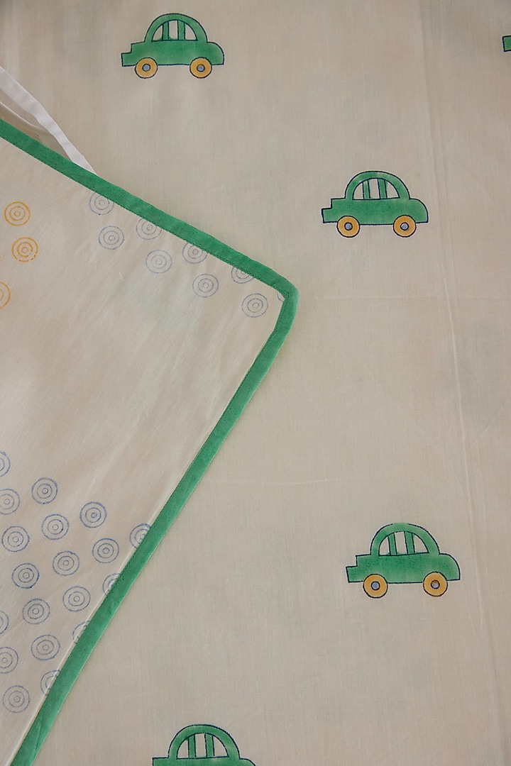 White Muslin Cotton Holiday Green Car Hand Block Printed Baby Dohar by Adya Kids at Pernia's Pop Up Shop