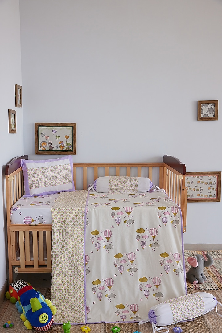 White Muslin Cotton Hot Air Balloon Hand Block Printed Baby Dohar by Adya Kids at Pernia's Pop Up Shop