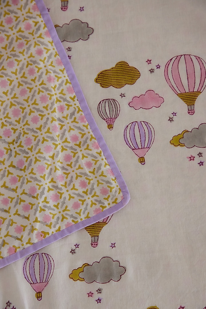 White Muslin Cotton Hot Air Balloon Hand Block Printed Baby Dohar by Adya Kids at Pernia's Pop Up Shop