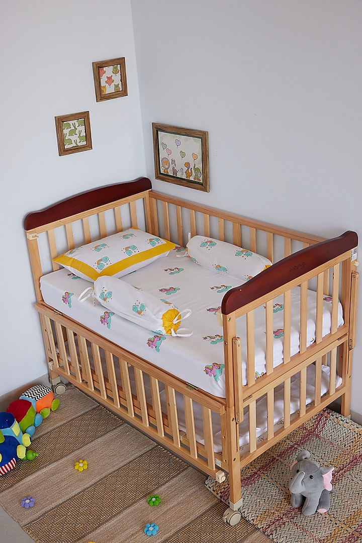 White Cotton Unicorn Hand Block Printed Cot Bedding (Set of 5) by Adya Kids at Pernia's Pop Up Shop