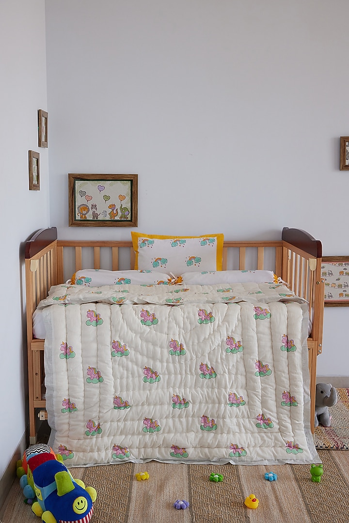 White Muslin Pure Cotton Unicorn Hand Block Printed Baby Quilt by Adya Kids at Pernia's Pop Up Shop