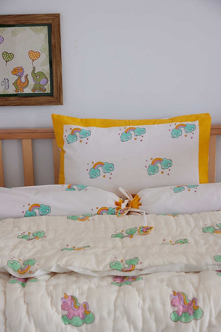White Muslin Pure Cotton Unicorn Hand Block Printed Baby Quilt by Adya Kids at Pernia's Pop Up Shop