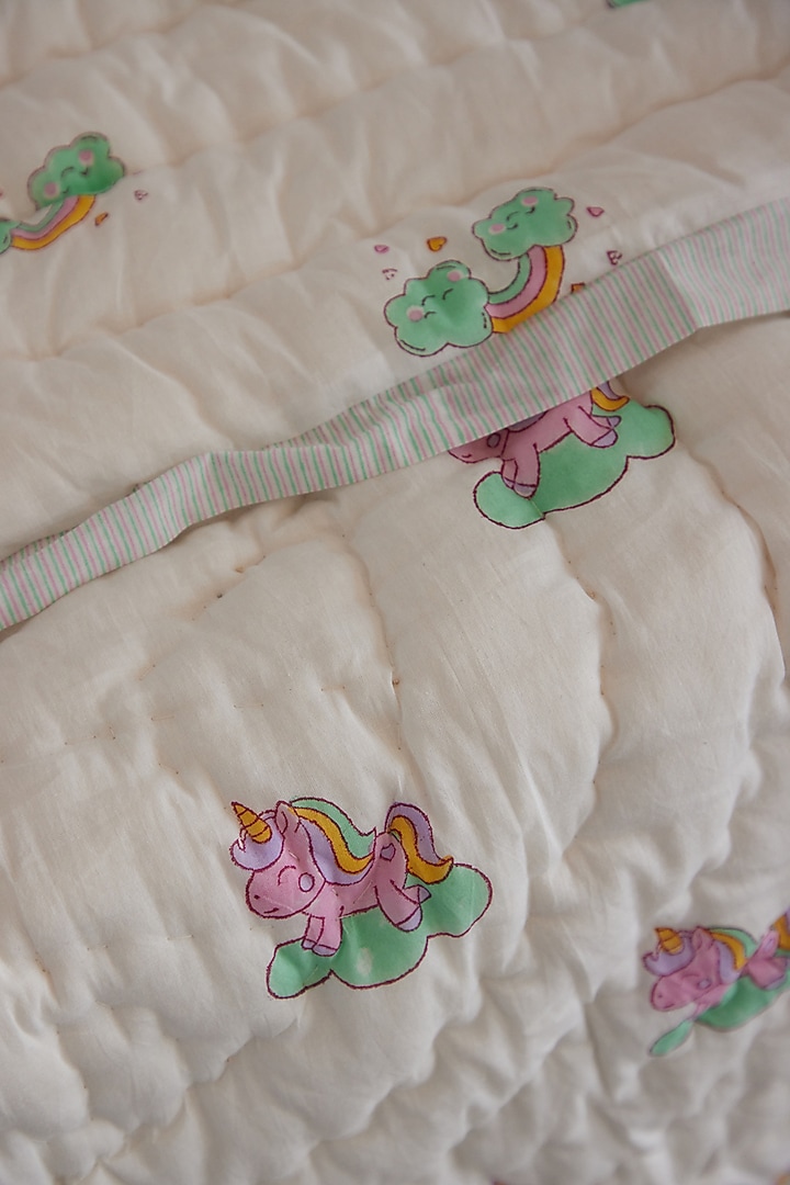 White Muslin Pure Cotton Unicorn Hand Block Printed Baby Quilt by Adya Kids at Pernia's Pop Up Shop