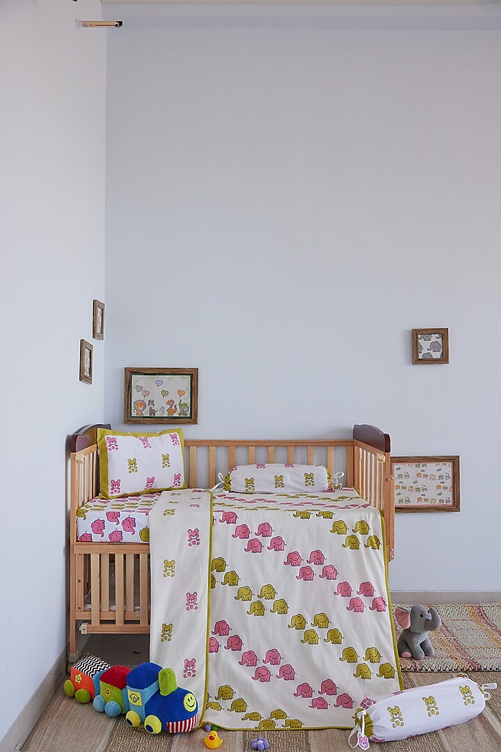 White Muslin Cotton Tiny Teddy Hand Block Printed Baby Dohar by Adya Kids at Pernia's Pop Up Shop