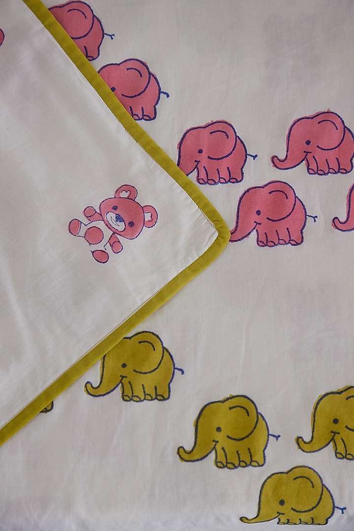 White Muslin Cotton Tiny Teddy Hand Block Printed Baby Dohar by Adya Kids at Pernia's Pop Up Shop
