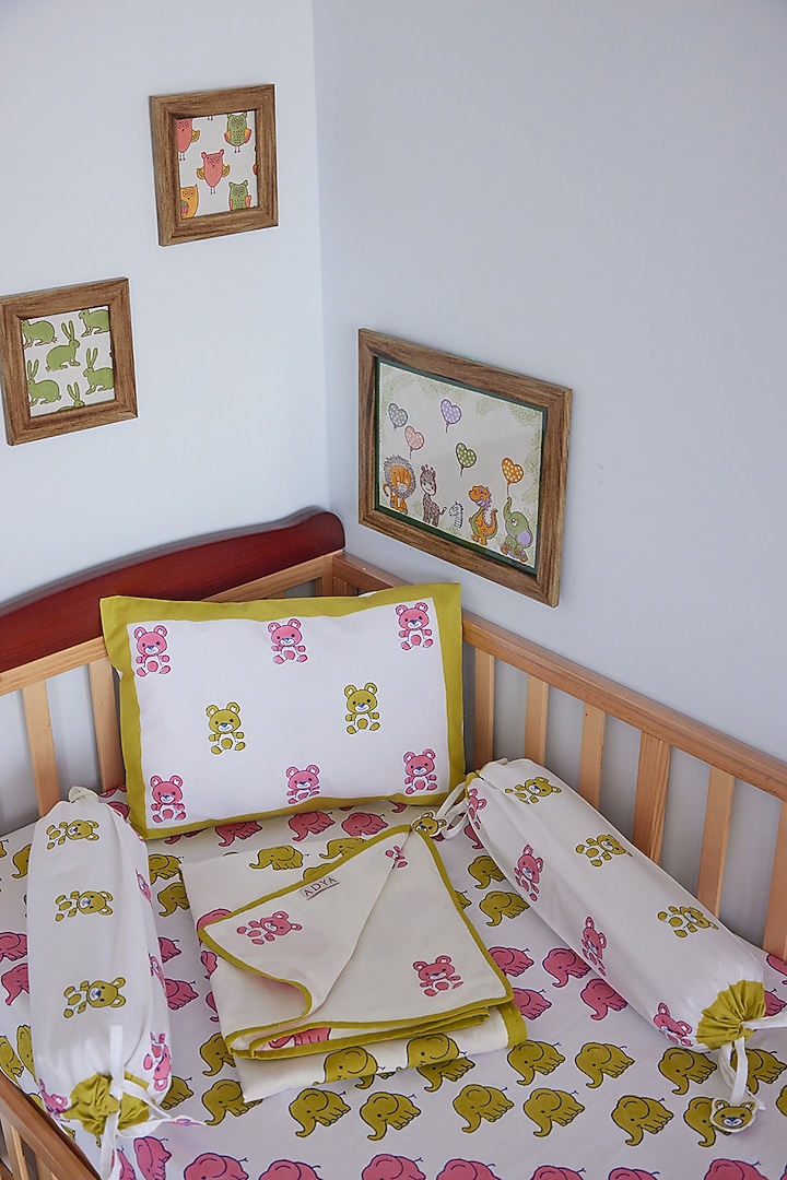 White Muslin Cotton Tiny Teddy Hand Block Printed Baby Dohar by Adya Kids at Pernia's Pop Up Shop